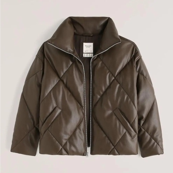 Abercrombie & Fitch Oversized Vegan Leather Brown Quilted Puffer Jacket Medium - Picture 1 of 13